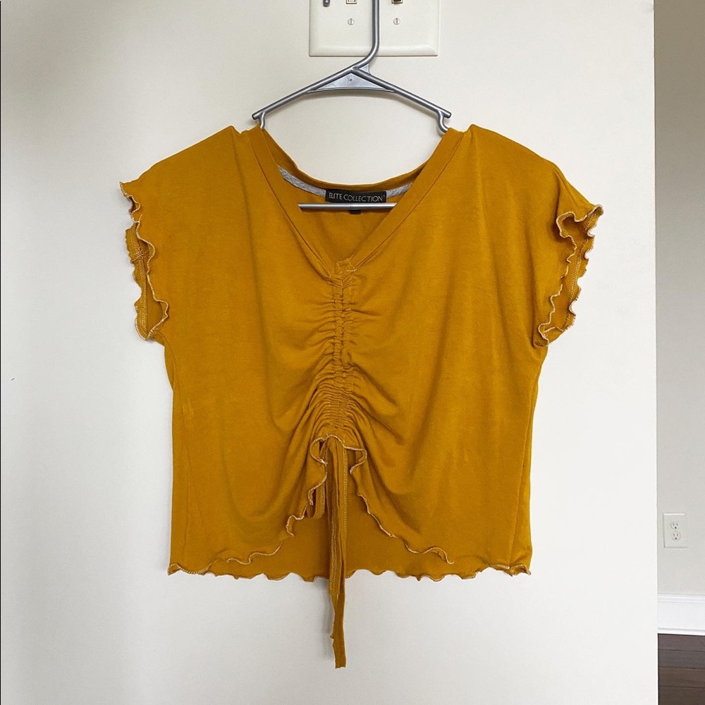 Mustard Yellow Ruched Lettuce Hem Top